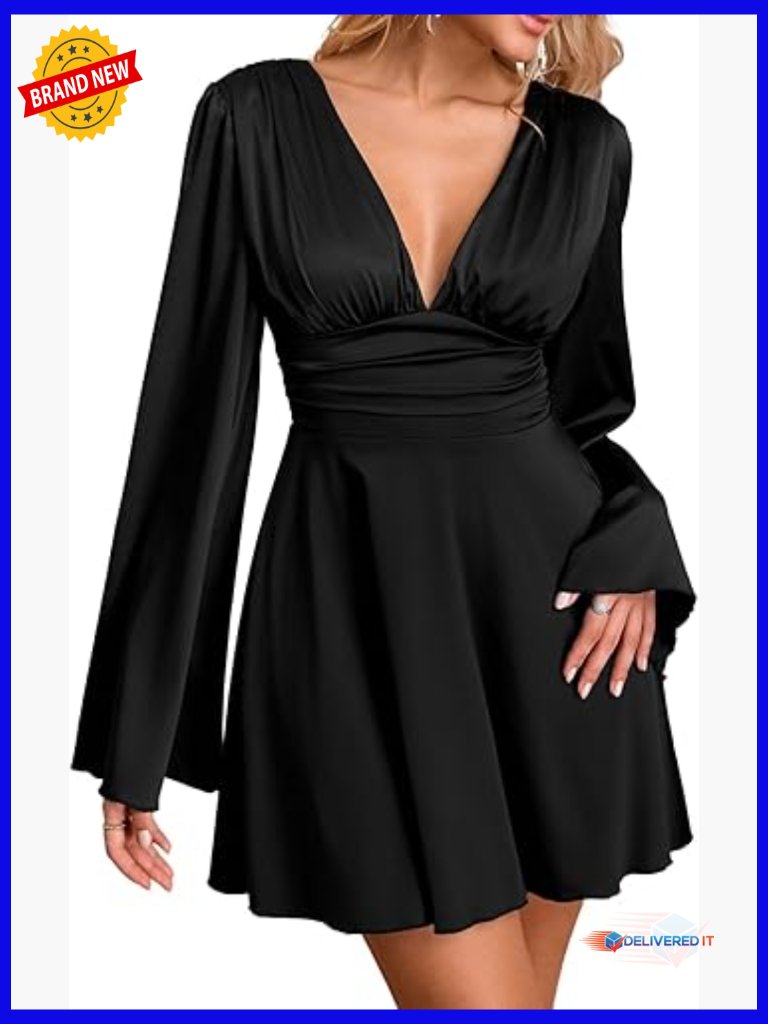 Long Sleeve Mini Dress Deep V Neck Satin Silk Elegant Party Wedding Guest